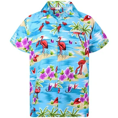 Image of King Kameha Mens Flamingos Short Sleeve Hawaiian Shirt Novelty Summer Vibes, Flamingos, Turquoise, XL