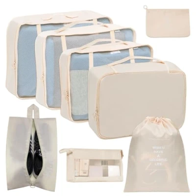 Image of 8 Piece Garment Bags, Packing Cubes, Bags Set for Holidays and Travel, Suitcase Organiser, Travel Cube, Organiser System Suitcases, Cubes (Beige)