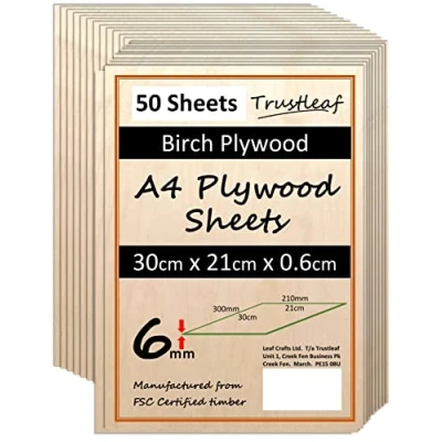 Image of 6mm Birch Plywood A4 300x210x (Pack of 50) Laserable Low Fume E1 Glue Ply.