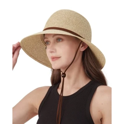 Image of Zylioo Straw Hats with Chin Strap for Small Heads Summer Fedora Beach Sun Hat Petite Wide Brim UV Holiday