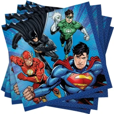 Image of Justice League Multicolor Paper Beverage Napkins (12cm) Pack of 16 Durable &amp; Vibrant Party for Superhero Fans