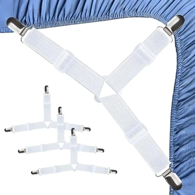 Image of PUERFOCA Bed Sheet Clips, 4 pcs White Triangle Straps, Adjustable Bands, Mattress Cover Clips for Bedding, Covers, Sheets, Sofa Cushion
