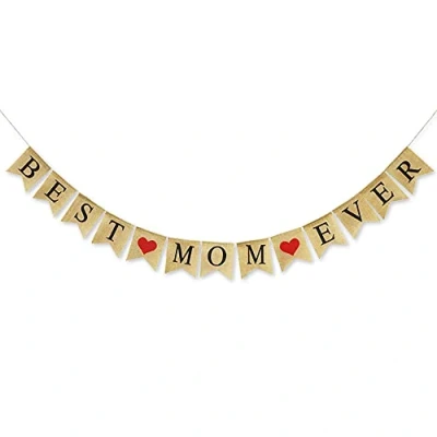 Image of SWSATYW Burlap Best Mom Ever Banner Mothers Day Supplies Party Bunting Garland Decoration