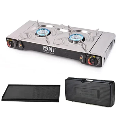 Image of NJ SG 2 Camping Gas Stove Double Burner Portable Butane Twin Cooker Outdoor Camp Kitchen Auto Ignition Stainless Steel Compact Plastic Carry Case Grill Plate
