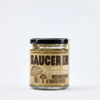 Image of Wild Mushroom and Truffle Oil Pesto Pasta Sauce by the Saucerer 190g Gourmet, Stir in with Five Mushrooms &amp; Black Made UK