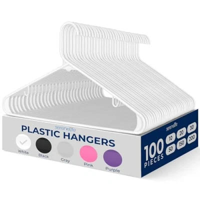Image of SereneLife, plastic Coat Hangers, White Hangers 100 Pack, Heavy Duty Clothes Non slip for Adults, w/ 360 Degree Swivel Hook(100)