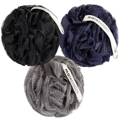 Image of MainBasics Bath Shower Loofah Sponge Pouf Body Scrubber Exfoliator Wash (Set of 3, Black Ice)
