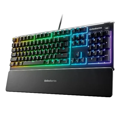 Image of SteelSeries Apex 3 RGB Gaming Keyboard 10 Zone Illumination Premium Magnetic Wrist Rest American QWERTY Layout, Black