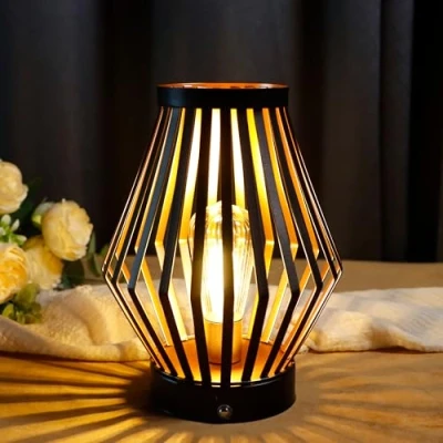 Image of JHY DESIGN Dimmable Touch Bedside Table Lamp 20cm High Rechargeable Metal Cage Lantern with LED Edison Style Bulb Cordless Accent for Weddings Parties Patio Events Indoors Outdoors