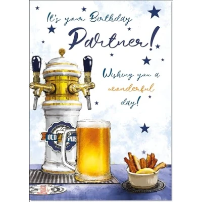 Image of doodlecards Partner Male Birthday Card Beer Tap and Pint Medium Size with Plain Envelope