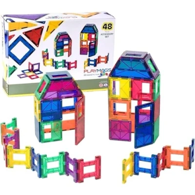 Image of Playmags 48 Pieces Magnetic Tiles for Kids Stronger Magnets STEM Toys Kids, and Building Blocks, Sturdy, Super Durable with Vivid Clear Color