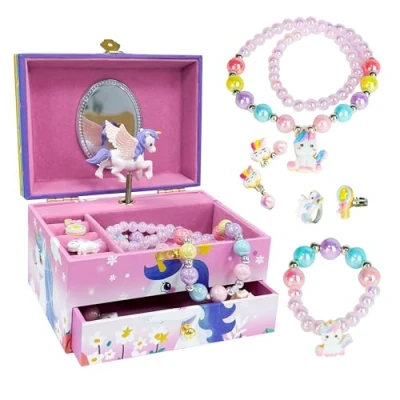 Image of AdelDream Unicorn Music Box Jewellery Little Girl Daughter and Lady Friend Gift Birthday (Two Layer Pink)