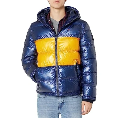 Image of Tommy Hilfiger Men&#039;s Hooded Puffer Jacket Down Alternative Coat, Pearlized Navy/Yellow, S