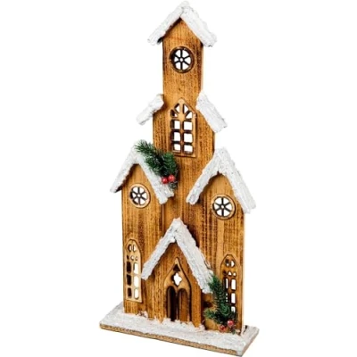 Image of SHATCHI 51cm Battery Powered Warm White LEDs Wooden Tower House Snow Covered Cottage Village Indoor Christmas Decorations, Wood, Brown