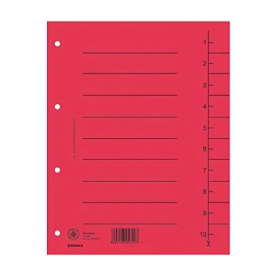 Image of DONAU 8610001 04 Pack of 100 Dividers, Colour: Red, Cardboard Index, Extra Wide, Made Recycled 250 g/m² with Line Print for DIN A4, 4 Hole Index