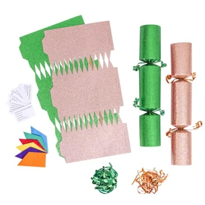 Image of evelay 12 Make Your Own Christmas Cracker Kit DIY Rose Gold &amp; Green Glitter Crackers Hats Snaps Jokes (Rose Gold, Green)