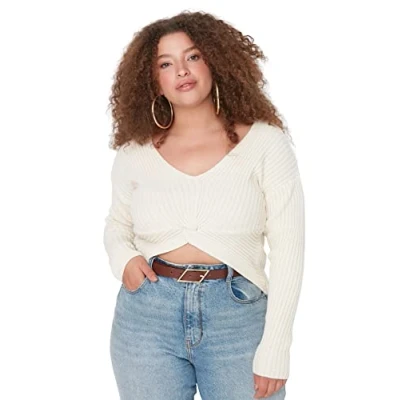 Image of Trendyol Women&#039;s V neck Plain Regular Plus Size Sweater Sweatshirt, Stone, XL UK