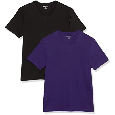 Image of Amazon Essentials Men&#039;s T Shirt Slim Fit Short Sleeved V Neck, Pack of 2, Black/Dark Purple, S