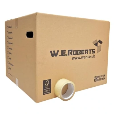 Image of W.E. Roberts 20 Strong Extra Large cardboard moving Boxes. Packing boxes for house with Printed Room List and Carry Handles 52cm x 40cm 66 Metres Clear Low Noise Tape