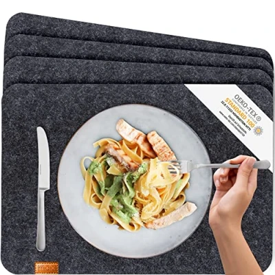 Image of MIQIO® Scandi Style Felt Place Mats &amp; Leather Washable Set of 4 Placemats 44x30 cm Table for Decoration Dark Grey