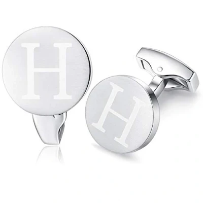 Image of HONEY BEAR Initial Alphabet Letter Cufflinks for Men, Brushed Silver Round Shape Stainless Steel Wedding Business Cufflinks, A Z (H)
