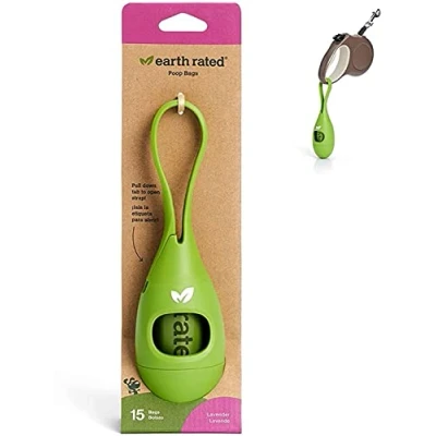 Image of Earth Rated Poop Bags Dispenser with Silicone Strap and Base, Includes 1 Roll of 15 Lavender Scented Bags, Dog Bag Holder for Leash