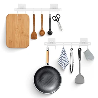 Image of Hangerspace Utensil Rack Kitchen Holder Rail with 6 Hooks Space Saving No Drilling Wall Mounted Self Adhesive for Bathroom Bedroom（White）