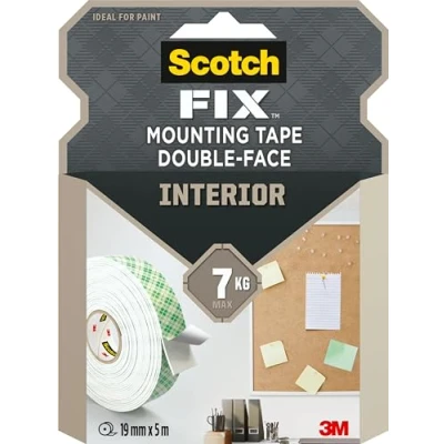 Image of Scotch Fix Interior Double Sided Mounting Tape, Strong Bond, White 1 Roll (19mm x 5m) for Indoor Use on Multiple Surfaces No Tools Needed Holds Up to 7 kg