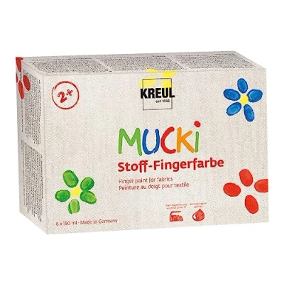 Image of KREUL 28420 Mucki Fabric Finger Paint, Vibrant Water based Colours for Children from 2 Years, 6 x 150 ml White, Yellow, Red, Green, Blue, Purple