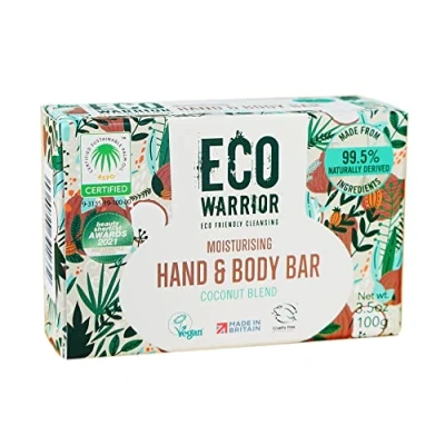 Image of Eco Warrior Moisturising Body &amp; Hand Soap Bar Vegan, Cruelty Free, No SLS or Parabens, Richly Nourishing Coconut Blend and Pure Essential Oils including Vanilla Natural, Friendly of Soap, 100g