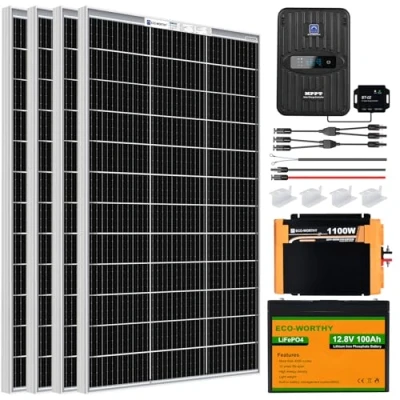 Image of ECO WORTHY 480W 12V Solar Panel System 2kWh/Day,Ideal for RVs, Boats,Homes:4pcs 120W Bifacial + 100AH LiFePO4 Battery 40A MPPT Controller 1100W Inverter Accessories