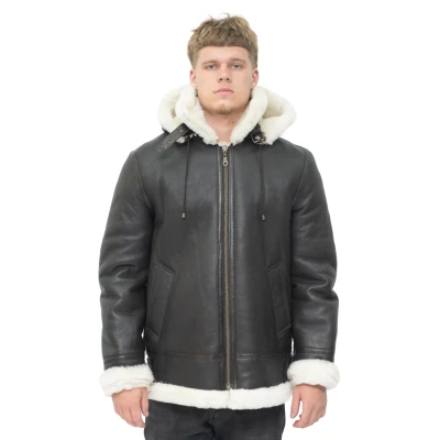 Image of Men&#039;s Genuine Ginger Brown Leather Sheepskin Flying Hooded Bomber B3 Aviator Pilot Jacket S