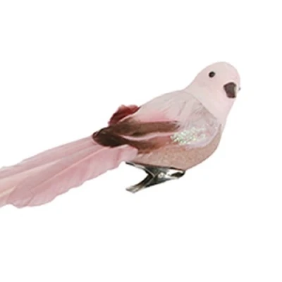 Image of Gisela Graham Gorgeous Pink Glittered Bird on Clip with Feathers Wedding Christmas Decoration
