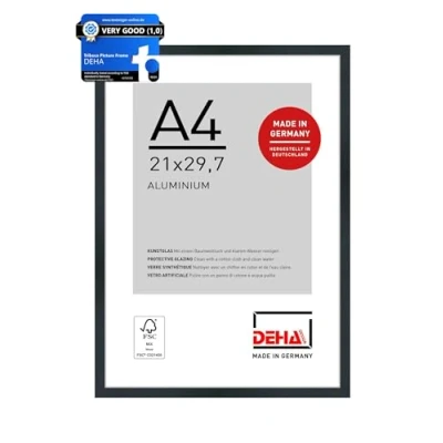 Image of DEHA Design Tribeca Photo Frame A4, 21x29.7cm Aluminium Picture Frame, Black with Protective Acrylic Glazing and Push Turn Clips Brushed Frosted