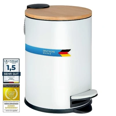 Image of Dimono® Cosmetic bin bathroom waste Pedal 3 and 5 litre with bamboo lid anti slip step for &amp; kitchen (3 litres flat)