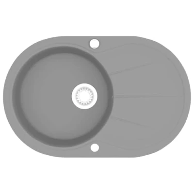 Image of vidaXL Granite Kitchen Sink Grey Overmount Single Basin with Reversible Design, Basket Strainer Included, Durable Quartz Resin Mix, Heat/Scratch/Impact Resistant, Easy to Clean &amp; Install
