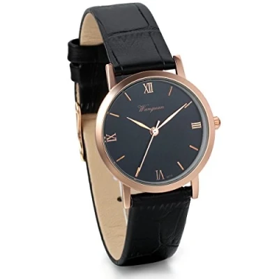 Image of JewelryWe Women Classic Leather Strap Round Dial Clock Quartz Wrist Watch Black