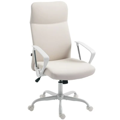 Image of HOMCOM Executive Office Chair, Fabric Computer Desk Chair with High Back, Swivel Wheels, Armrest, Height Adjustable for Home, Cream White