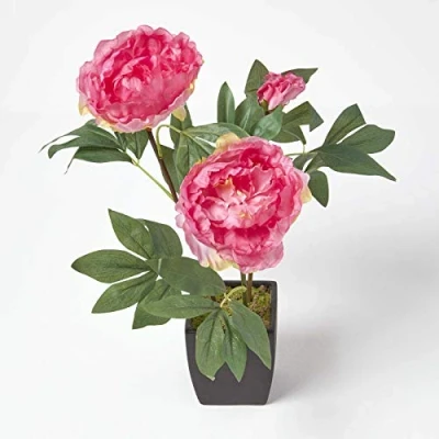 Image of HOMESCAPES Artificial Pink Peonies in Matt Black Pot, 48cm tall Indoor Faux Peony Flower