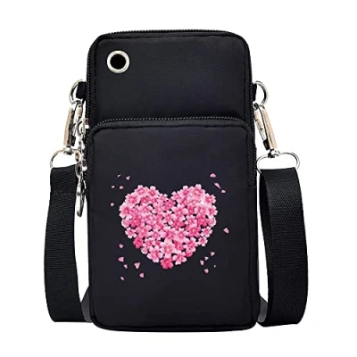 Image of FINDING CASE Love Women Girls men Zipper Waterproof Nylon 3 Layers Crossbody Bags Wallet Cellphone Purse Shoulder Bag Wristlet Handbags Adjustable Strap (Heart Flower)