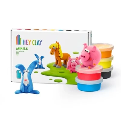Image of Hey Clay Animals: Piggy, Horse, Rabbit Set Colourful Modeling Kids Air Dry Kit 6 cans with Fun Interactive Instructions App