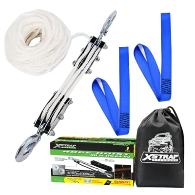 Image of XSTRAP STANDARD Heavy Duty 2,000 LB Breaking Strength 50 FT Rope Hoist, 1000 Work Load Block and Tackle Pulley System for Lifting Objects (White)
