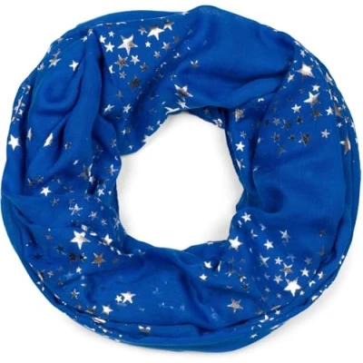 Image of styleBREAKER Women&#039;s Loop Scarf with Glittering Metallic Stars All Over Print Pattern, Lightweight Solid Color Infinity Scarf, Cloth 01016118, Colour:Royal Blue