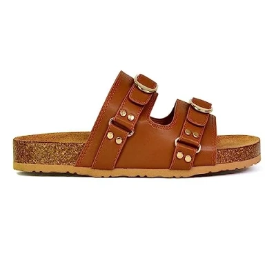 Image of Womens Flat Slip On Buckle Straps Slider Ladies Summer Holiday Cork Footbed Flip Flops Mule Tan Sandals Size 4