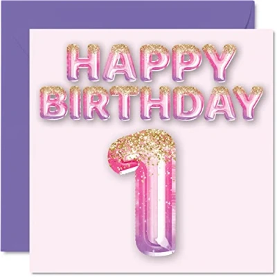 Image of 1st Birthday Card for Girls Pink &amp; Purple Glitter Balloons Happy Cards 1 Year Old Girl Daughter Sister Granddaughter Cousin, 145mm x One First Bday Greeting Gift