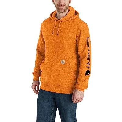 Image of Carhartt Men&#039;s Loose Fit Midweight Logo Sleeve Graphic Sweatshirt Hooded Sweatshirt, Marmalade Heather, XL