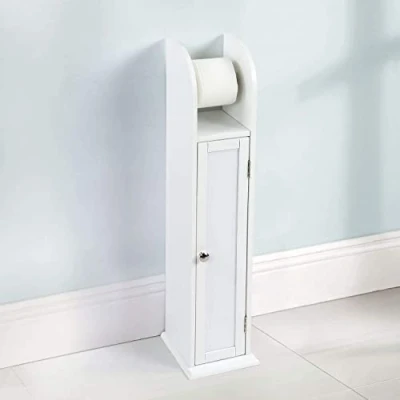 Image of HZ ENTERPRISES White Wood Free Standing Toilet Paper Roll Holder Bathroom Storage Cabinet Tissue Organiser Cupboard