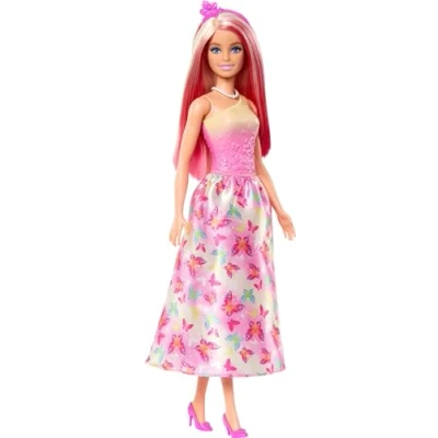 Image of Barbie Royal Doll with Pink and Blonde Fantasy Hair, Colorful Accessories, Ombre Bodice Butterfly Print Skirt, HRR08