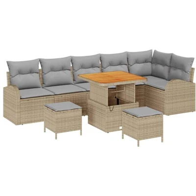 Image of vidaXL 9 Piece Garden Sofa Set with Cushions Beige Poly Rattan Acacia