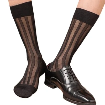 Image of Fitooles Mens Casual Business Dress Socks Middle Calf Wide Sheer Nylon Stockings Formal Suit See Through Silk